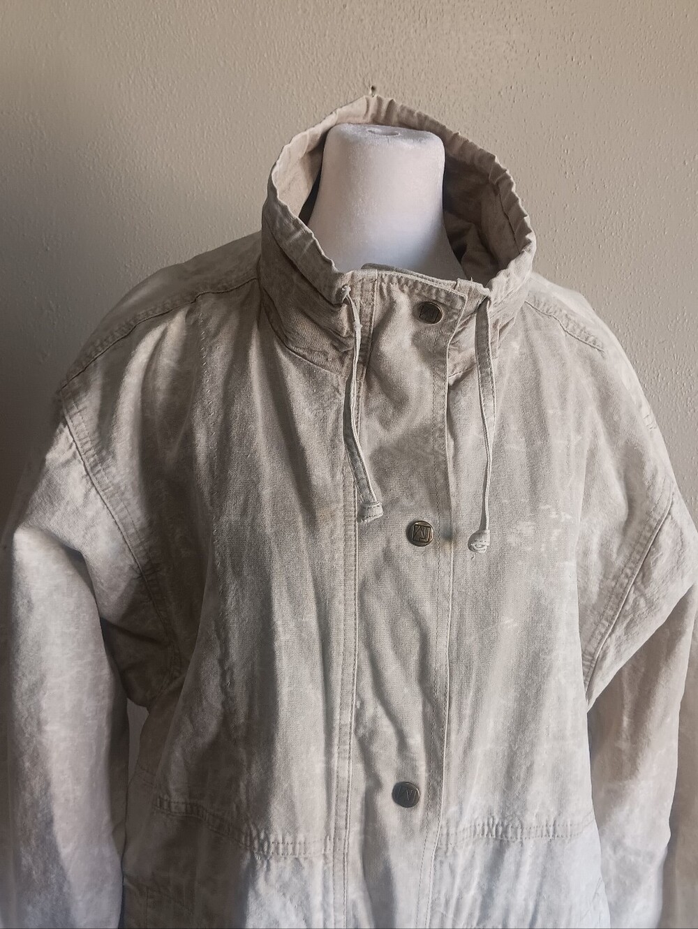 VTG Andy Johns Beige Marble Cotton Snap Up Denim Trench, Jacket Womens Medium - Picture 3 of 12